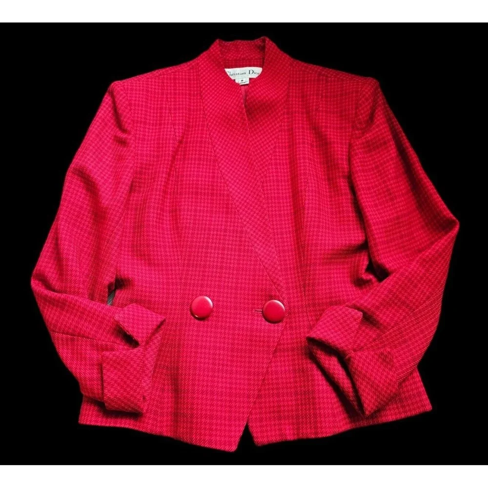 Christian Dior Vintage Houndstooth Red Plaid Pure Wool Skirt Suit Set Size 8